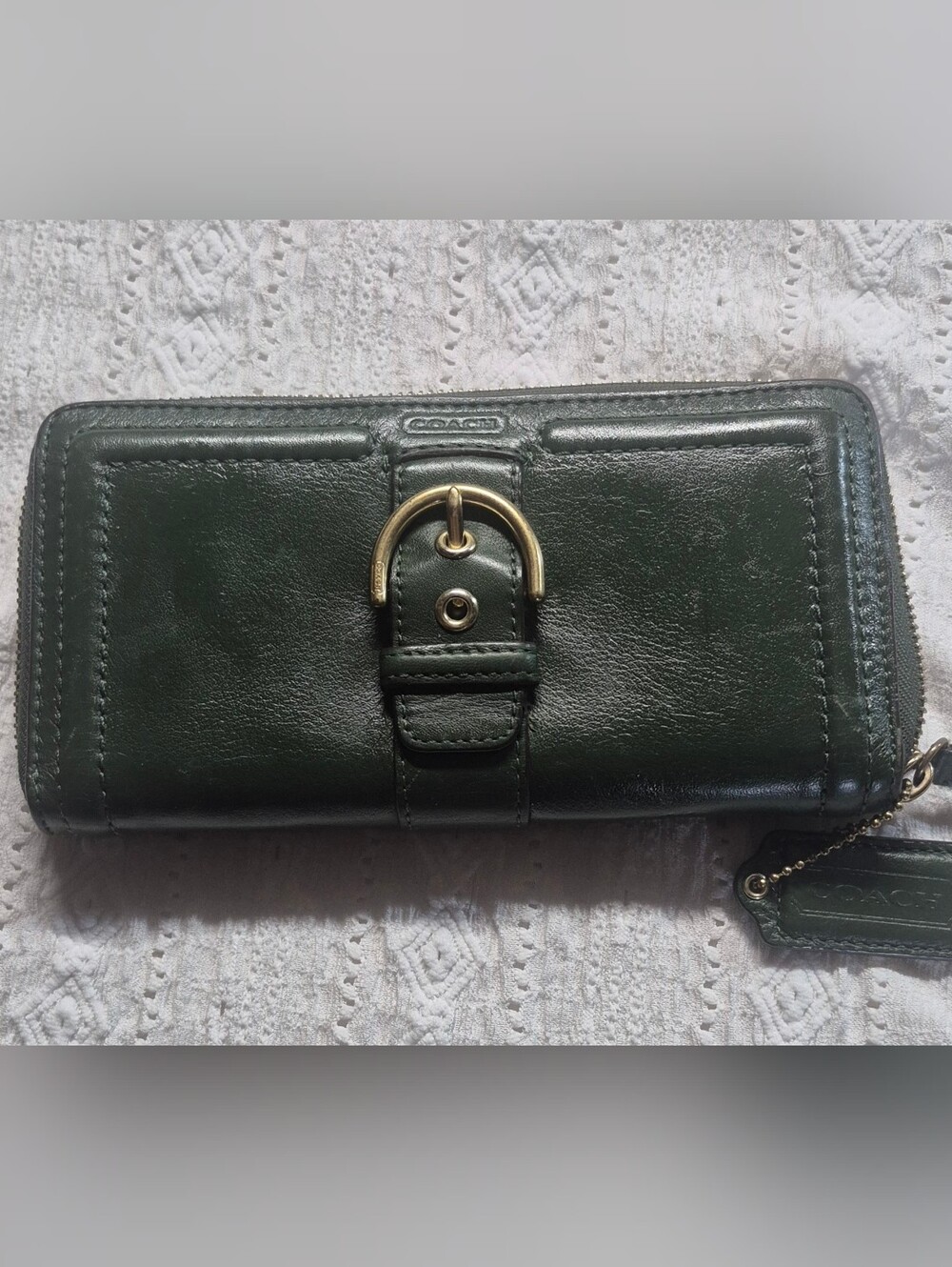 Coach Dark Green Leather Zip Wallet with Brass Buckle